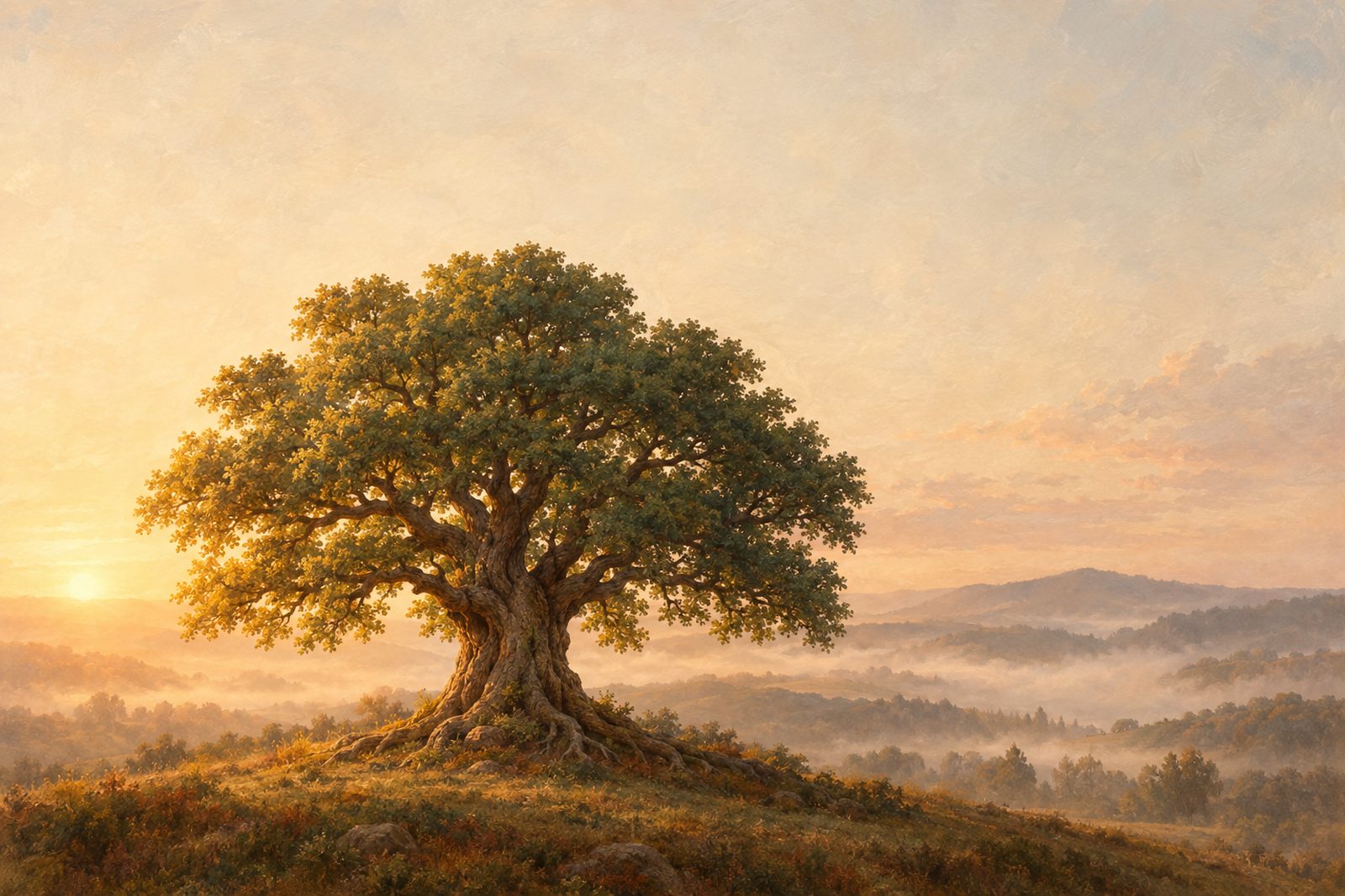 Ein großer Baum im Morgenlicht über einer weiten Landschaft, als Sinnbild für Wachstum und Selbsterkenntnis